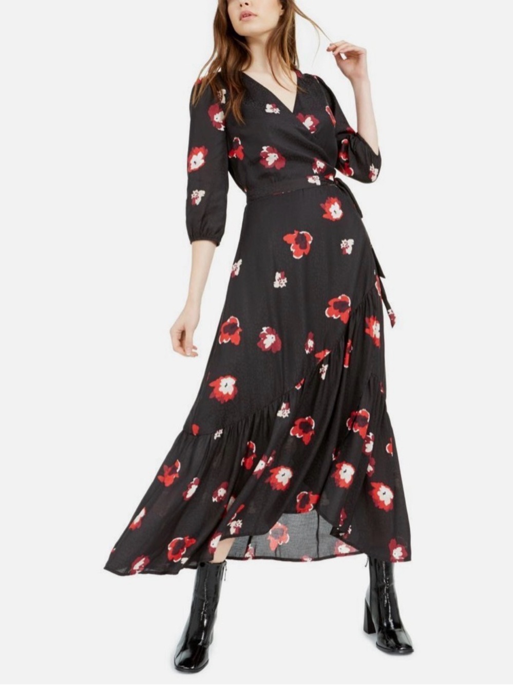 Bar III Black Maxi Dress with Red and White Floral Accents